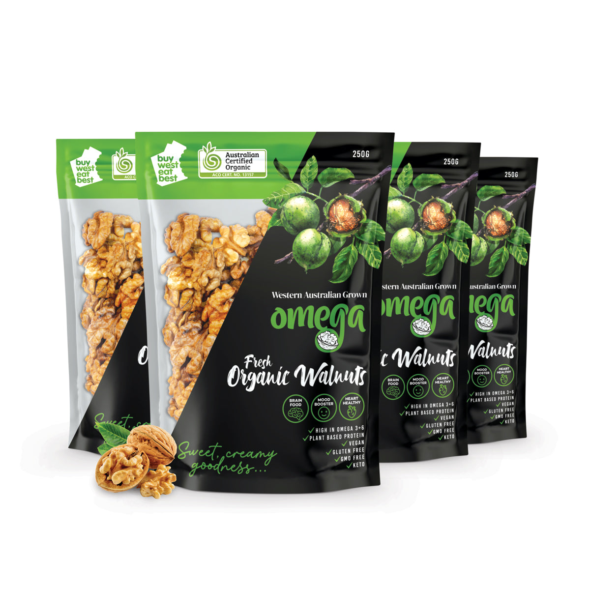 4 x 250g Organic Shelled Walnuts Pouch Bundle